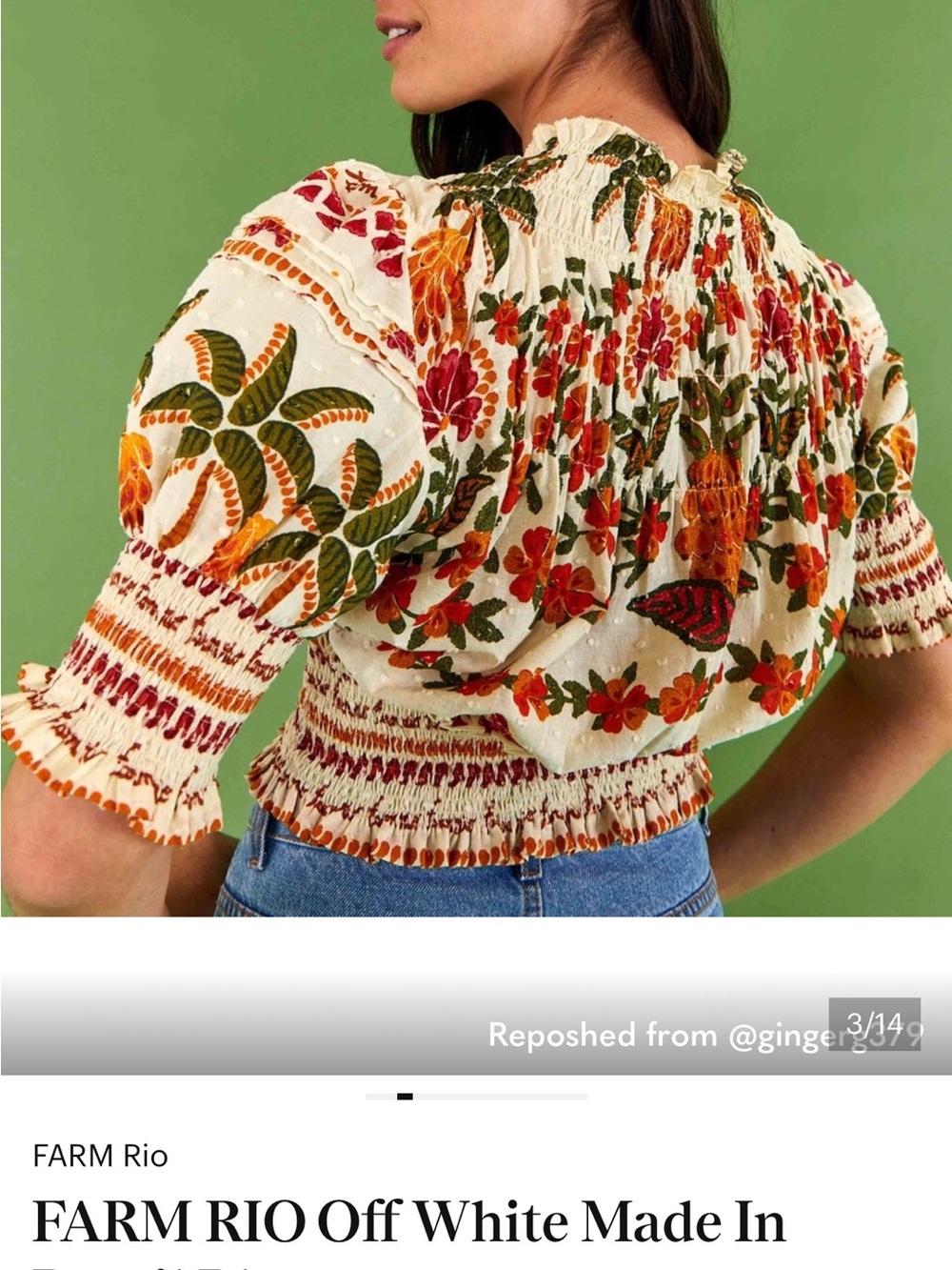Farm RioWomen's Floral Smocked Peasant Top - White with Red & Green Floral Print - Picture 3 of 6